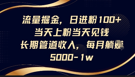 流量掘金,日进粉100+,当天上粉当天见钱,长期管道收入,每月躺挣5k-网创终点站